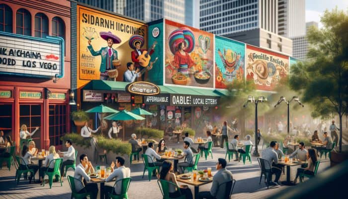 A vibrant outdoor dining scene in downtown Las Vegas with street performers entertaining at local eateries.
