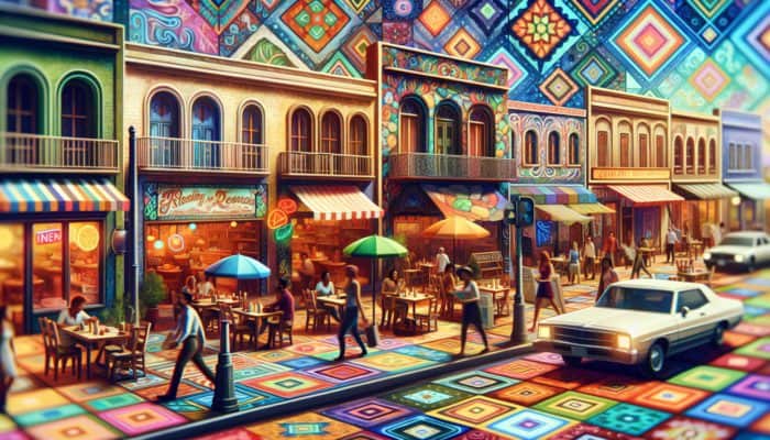 Cozy neighborhood street with Blueberry Hill and Los Tacos, locals enjoying affordable, hearty meals.