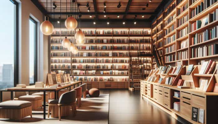 Best Las Vegas Stores for Book Lovers: A cozy bookstore in Downtown Las Vegas with warm lighting and wooden shelves full of diverse books.