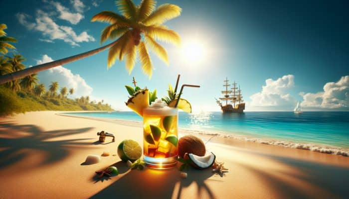 Best Craft Cocktails at Stray Pirate Las Vegas: A vibrant tropical cocktail with aged rum, pineapple, lime, and coconut cream, pirate ship on horizon.