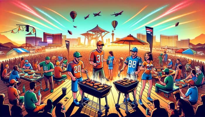 Best Las Vegas Events for Sports Fans: Fans in team colors at a vibrant tailgate party grilling snacks, with Las Vegas enhancing the Super Bowl pregame excitement.