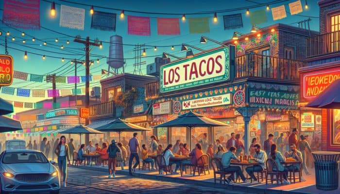 How to Find Authentic Mexican Food in Vegas: East Las Vegas street at dusk with Los Tacos restaurant, people enjoying authentic Mexican tacos.