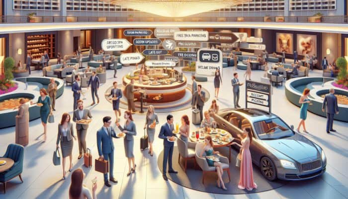 How to Book a Vegas Hotel with Perks: Luxurious Las Vegas hotel lobby with guests enjoying various perks like complimentary breakfast and spa discounts.