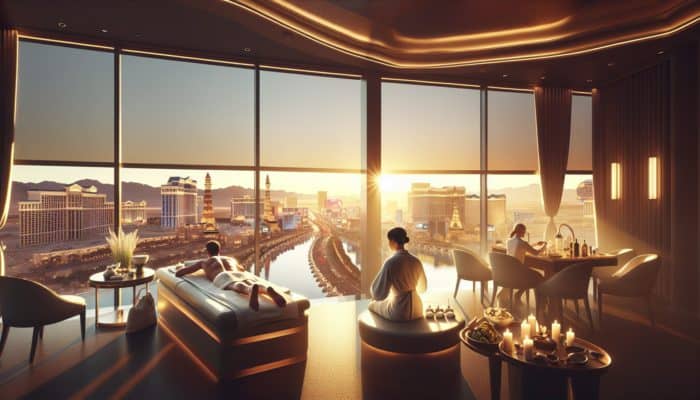 Luxurious Las Vegas hotel suite with Strip view, guest enjoying spa at sunrise and dining elegantly at night.