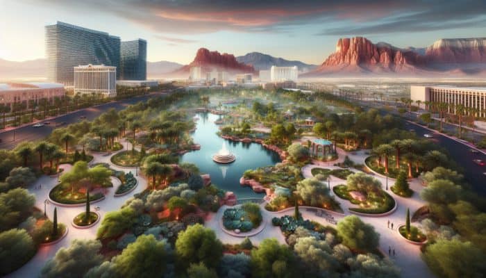 How to Find Calming Spots in Las Vegas: A serene oasis in Las Vegas with hidden parks featuring tranquil water features, lush greenery, and scenic trails.