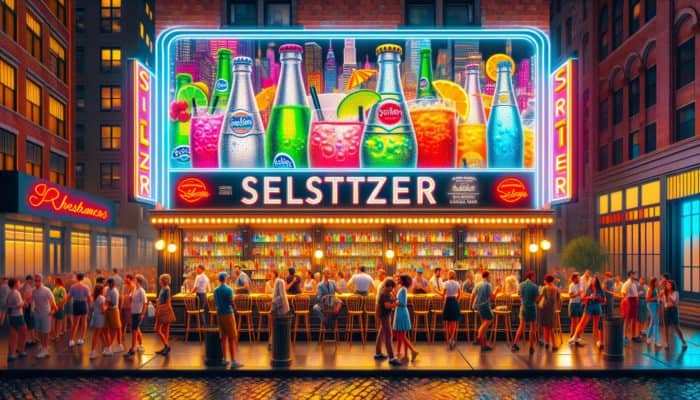 Top Day Drinking Venues for Seltzers: A bustling Manhattan seltzer bar at night with neon lights, diverse patrons enjoying colorful seltzer drinks in a lively, cozy atmosphere.