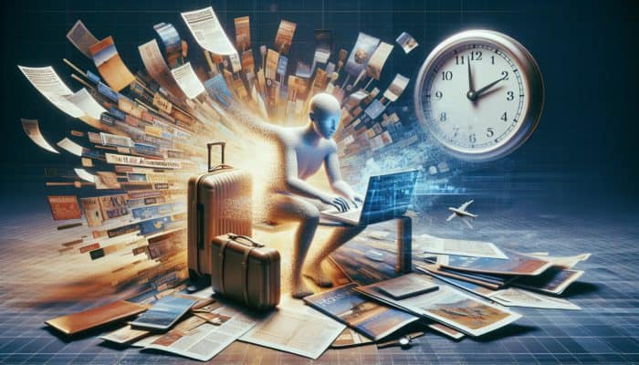 How to Find Last-Minute Hotel Deals in Vegas: Traveler booking last-minute hotel deal on laptop, surrounded by travel items, clock ticking in cozy room.