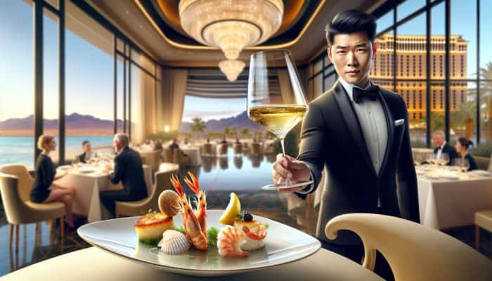 Ein Sommelier in Las Vegas serviert ein seltenes Grüner Veltliner aus ?sterreich zu einem eleganten Meeresfrüchtegericht.