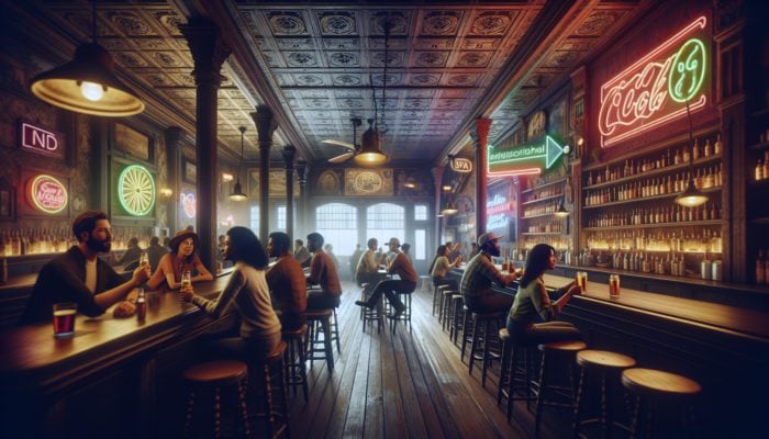 Why Historic Bars Are Great for Day Drinking: A historic U.S. bar with high ceilings, vintage decor, and soft lighting, filled with patrons and unique barware.