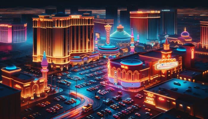Las Vegas Strip at night with neon-lit valet parking at Mirage and Caesars Palace, and crowded self-parking lots.