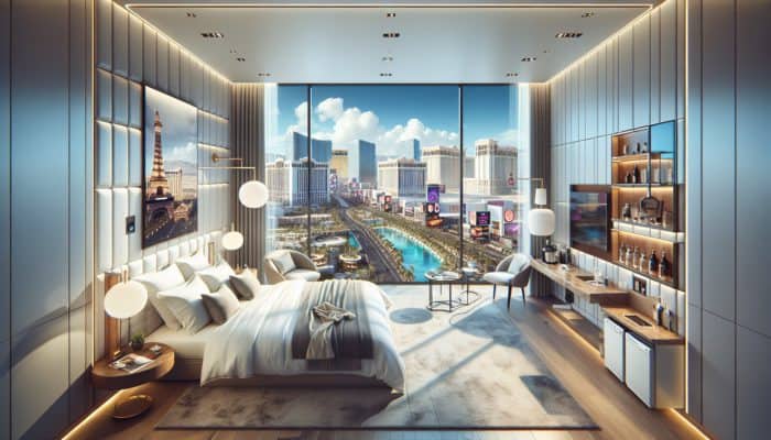 Luxurious Las Vegas hotel room with king-sized bed, Strip views, and modern amenities.
