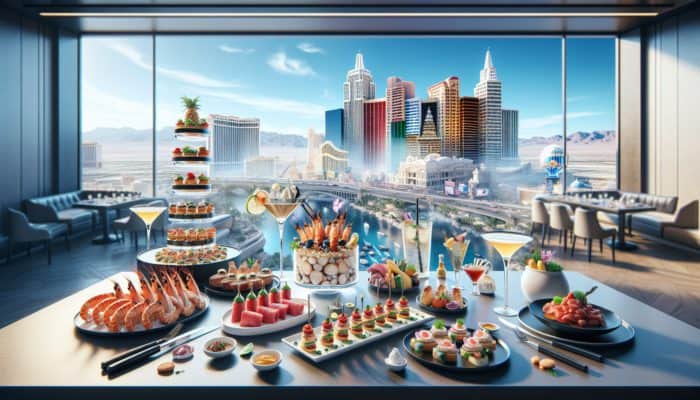 A lavish Vegas dining scene with seafood towers, Wagyu beef sliders, an extravagant buffet, spicy tuna tartare, and elegant cocktails.
