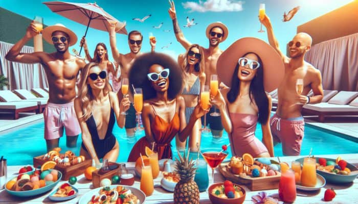 A lively Las Vegas pool party at 2 PM with DJ, themed brunch, and happy hour signs.