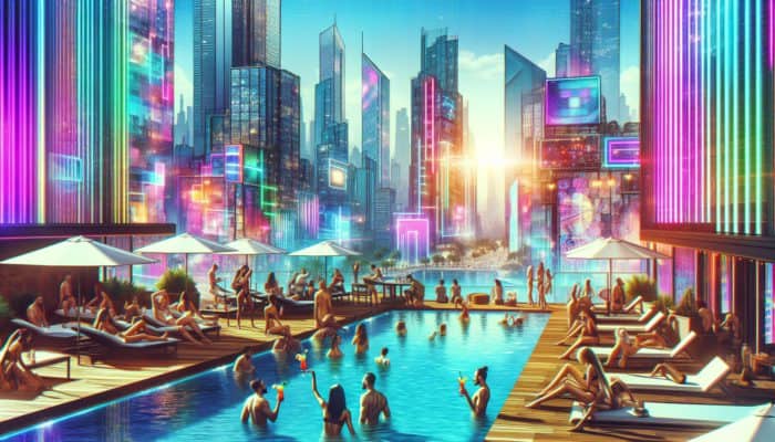 Best Las Vegas Bars for Day Drinking Groups: Groups enjoying colorful cocktails and the sun at The Pool at The Cosmopolitan, overlooking the vibrant Las Vegas Strip.