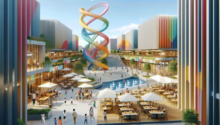 Best Day Drinking at Double Helix Town Square: Modern double helix architecture, open-air seating, diverse dining, colorful public art, family-friendly spaces near parks.