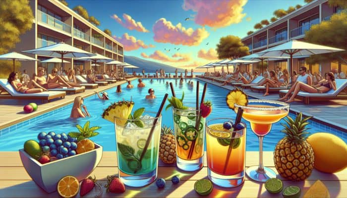 Best Day Drinking Bars at Mandalay Bay: Guests at Mandalay Bay enjoying signature cocktails by the pool: Mandalay Mojito, Spicy Pineapple Margarita, and Sunset Sangria.