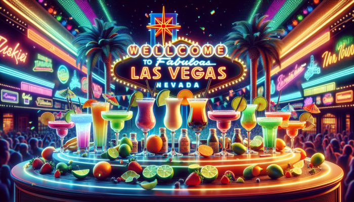 A colorful array of margaritas on a lively Las Vegas bar counter with neon lights and decorations.
