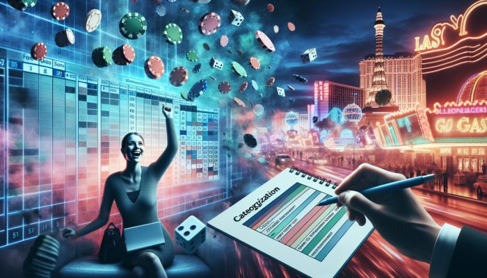 A person setting a budget on a colorful Las Vegas backdrop with casino elements under neon lights.