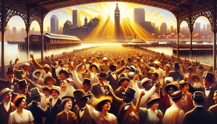 Diverse immigrants at Ellis Island in the early 20th century, celebrating with drinks, symbolizing hope and new beginnings.