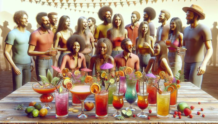 Colorful Jive Turkey cocktails with fruit and herb garnishes at a lively 1970s-themed social gathering.