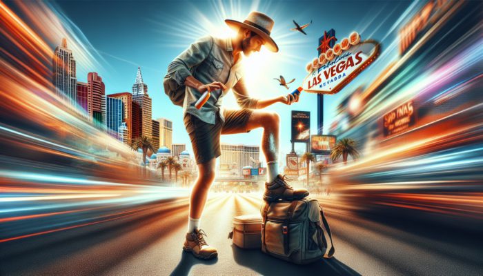Traveler in Las Vegas wearing hat and shoes, applying sunscreen under bright desert sun, with Strip in background.