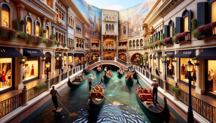 Italian-inspired shopping scene with gondolas and serenading gondoliers at the Grand Canal Shoppes in Las Vegas.