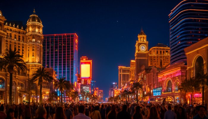 Vibrant Las Vegas Strip at night: Illuminated mega-casinos, blazing neon lights, and excited crowds under starry sky.