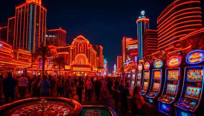 Vibrant Las Vegas Strip at night: neon-lit casinos, slot machines, crowds, and starry sky.