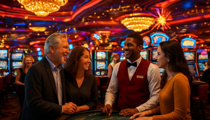 Vibrant casino floor at night with glittering lights, themed decor, and guests mingling with staff.
