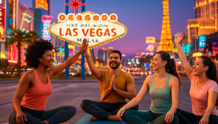 Diverse friends practicing yoga by Las Vegas Strip under neon lights.