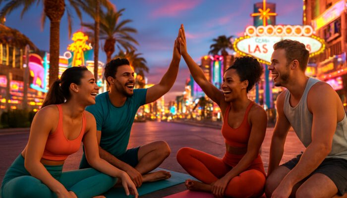 Group of friends practicing yoga on Las Vegas Strip at dusk, surrounded by neon lights and palm trees.