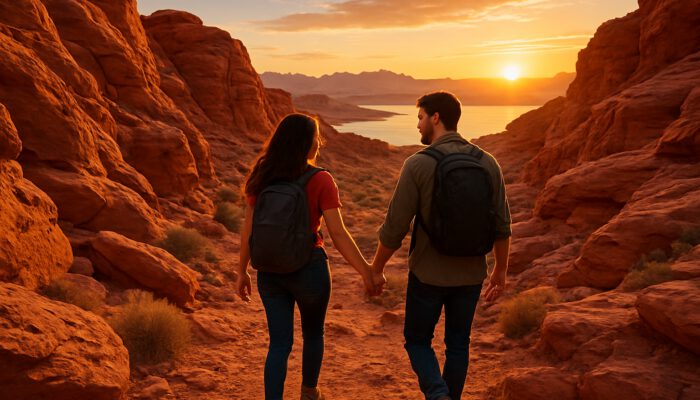 Couple hiking hand-in-hand in Red Rock Canyon at sunset, with Lake Mead vistas in the distance.