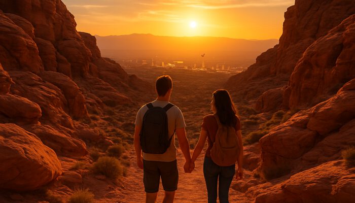 Romantic couple hiking hand-in-hand through Las Vegas red rock canyons at sunset.