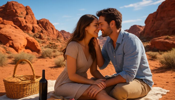 Romantic couple picnicking on a sunlit blanket in Las Vegas desert, surrounded by red rocks and blue skies.