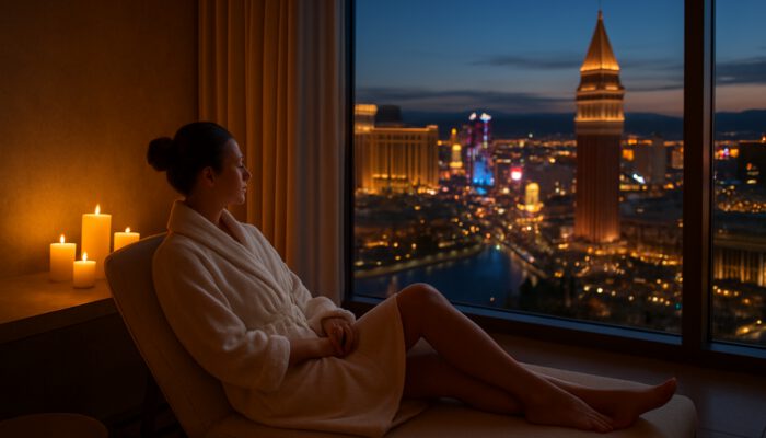 Solo traveler relaxing in luxurious Venetian spa with twinkling Las Vegas Strip views at dusk
