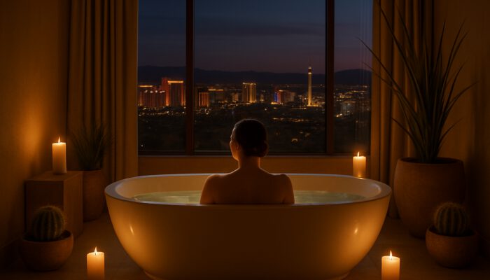 Woman relaxing in serene Las Vegas spa suite with Strip skyline and desert plants
