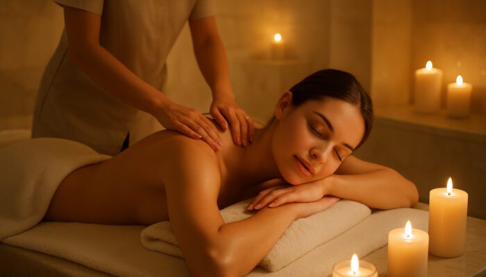 Solo woman receiving customized massage in serene Las Vegas luxury spa with candlelight