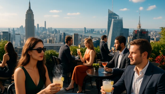 Elegant patrons sipping mezcal cocktails at vibrant NYC rooftop bar with skyline views