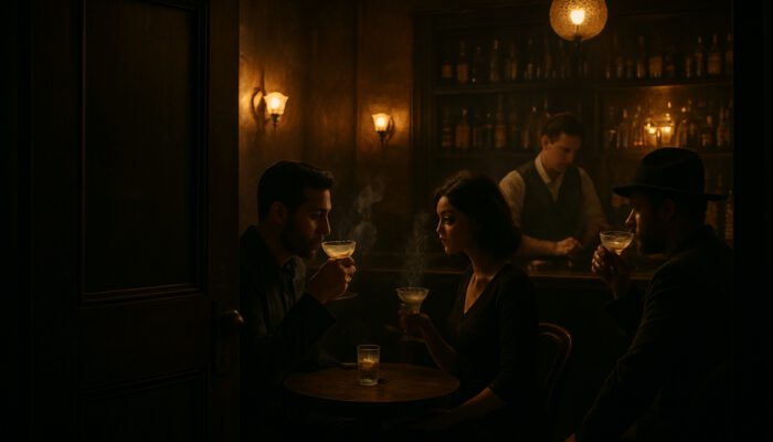 Hidden door to dimly lit New York speakeasy with patrons sipping artisanal mezcal cocktails.