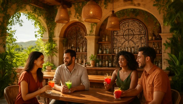 Stylish sunlit patio bar with patrons savoring mezcal cocktails amid lush greenery and scenic views.