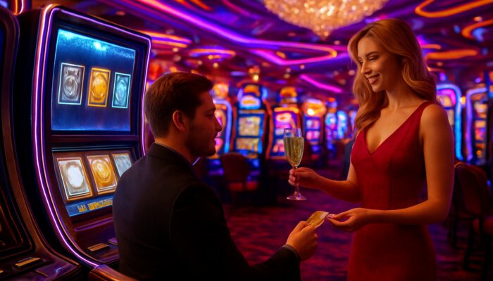 Neon-lit Las Vegas casino player advancing Silver, Gold, and Platinum tiers with champagne and hotel keys.