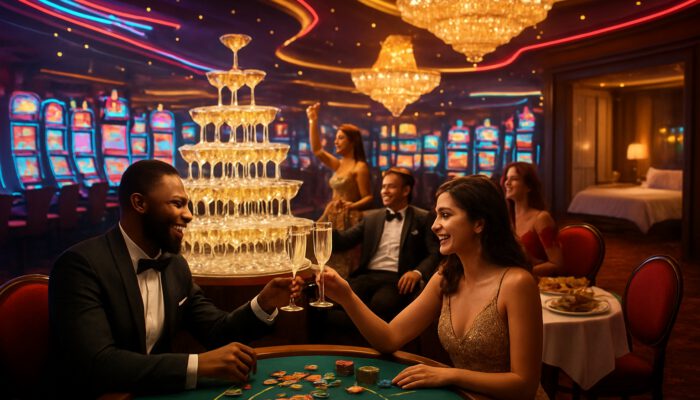 High rollers celebrating lavish Vegas comps amid neon lights, champagne towers, and slot machines in a luxurious casino.