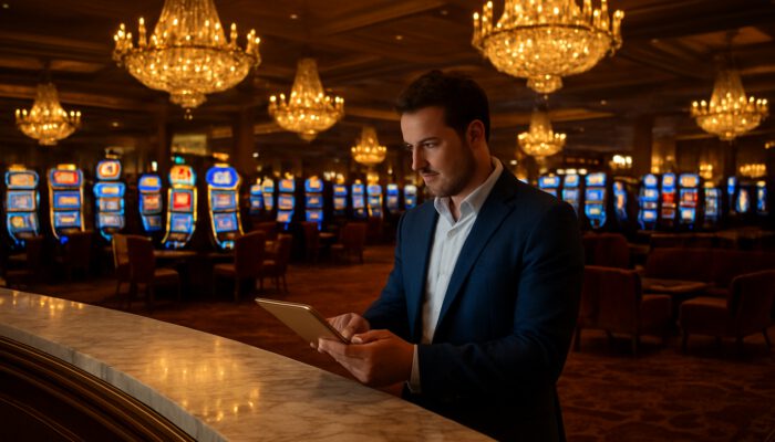 Player scanning tablet to redeem comp rewards at luxurious Las Vegas casino front desk