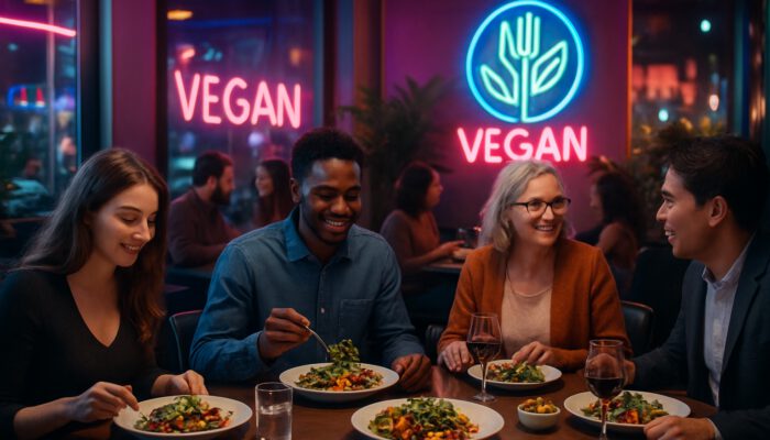 Diverse diners savor inventive plant-based dishes at neon-lit Las Vegas vegan bistro with fresh local produce.