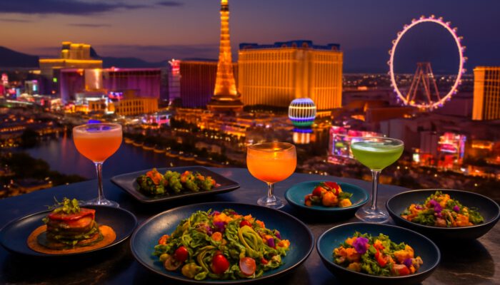 Vibrant vegan gourmet dishes on elegant Las Vegas rooftop with neon Strip skyline at dusk