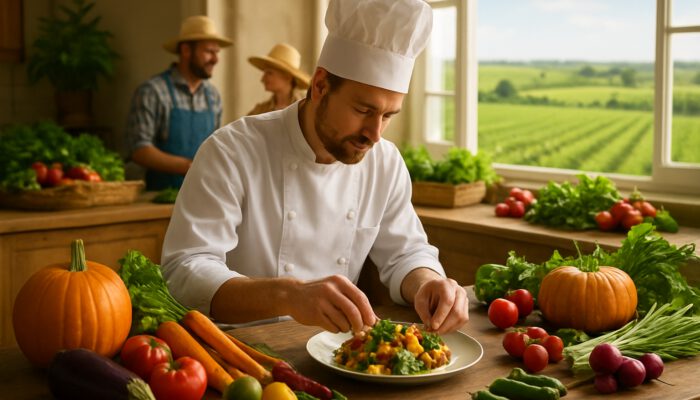 Vibrant farm-to-table scene with colorful produce, local farmers, chef in sunlit kitchen, green fields beyond
