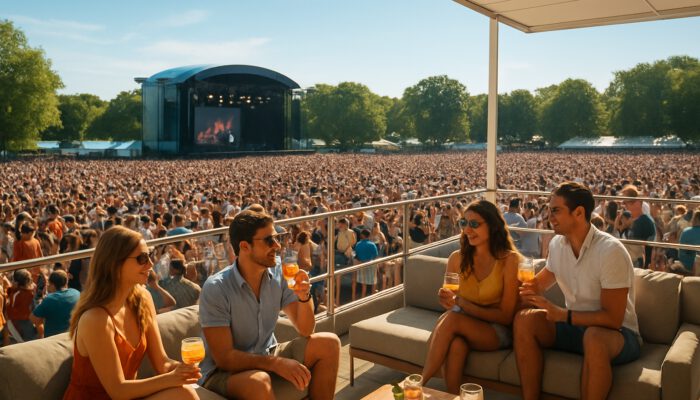 Sunny day-drinking festival crowds split between general admission grounds and premium VIP lounges with cocktails