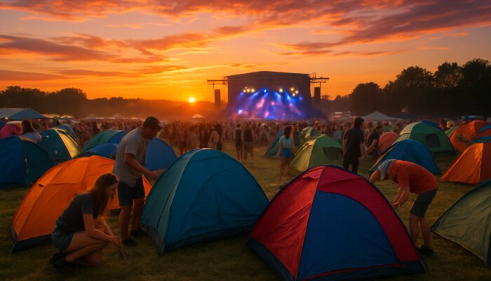 Festivalgoers pitching colorful tents at sunset budget campsite beside glowing music festival stage.