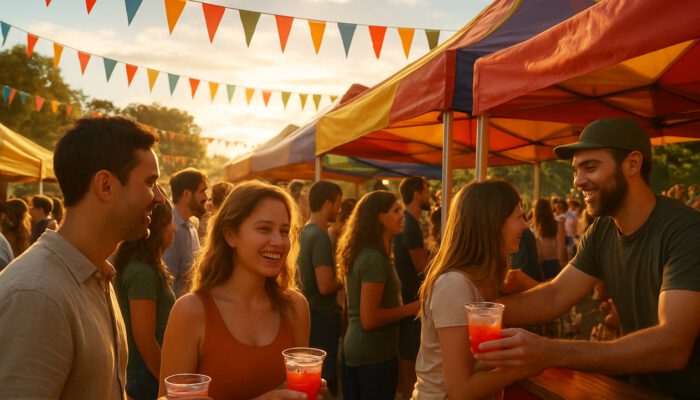 Joyful crowds buying discounted cocktails at sunny day-drinking festival happy hour tents with short lines