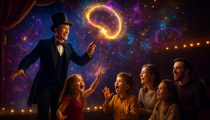 Magician performs dazzling illusions with excited children on glittering Las Vegas stage